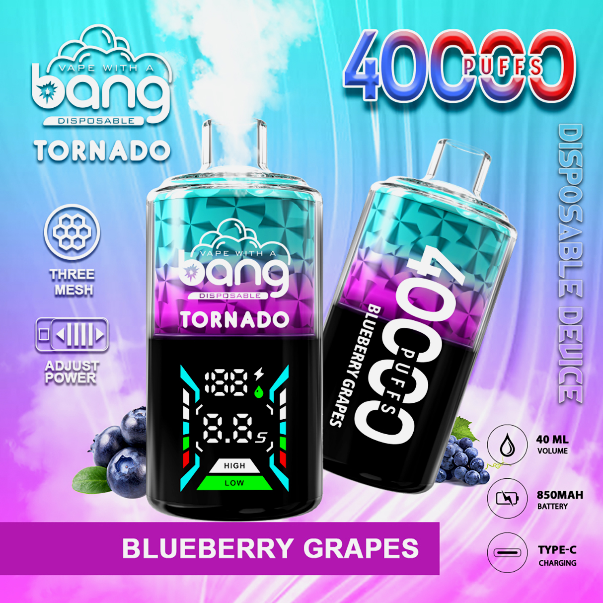 Bang Tornado 40000 Puffs 40k Vape BLUEBERRY GRAPES Bang Tornado 40000 Puffs 40k Vape BLUEBERRY GRAPES