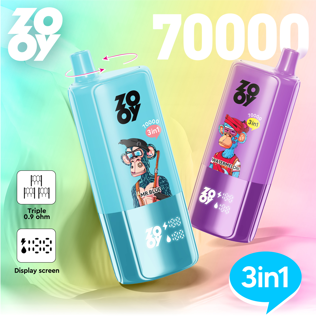 ZOOY Triple 70000 Puffs 3in1 Disposable E Cigarette 70K Puffs Vapes Screen  Display - Vapeu