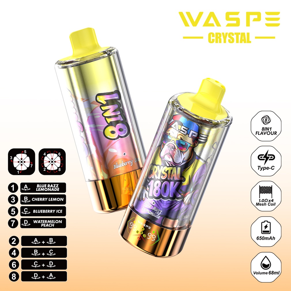 Blue Razz Lemonade & Cherry Lemon & Blueberry Ice & Watermelon Peach WASPE Crystal 180K