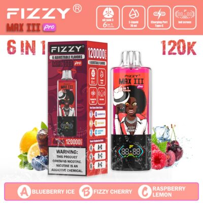 Fizzy Max Ill 120K Puffs Flavor Blueberry Ice & Fizzy Cherry & Raspberry Lemon