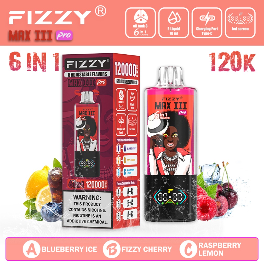 Fizzy Max Ill 120K Puffs Flavor Blueberry Ice & Fizzy Cherry & Raspberry Lemon