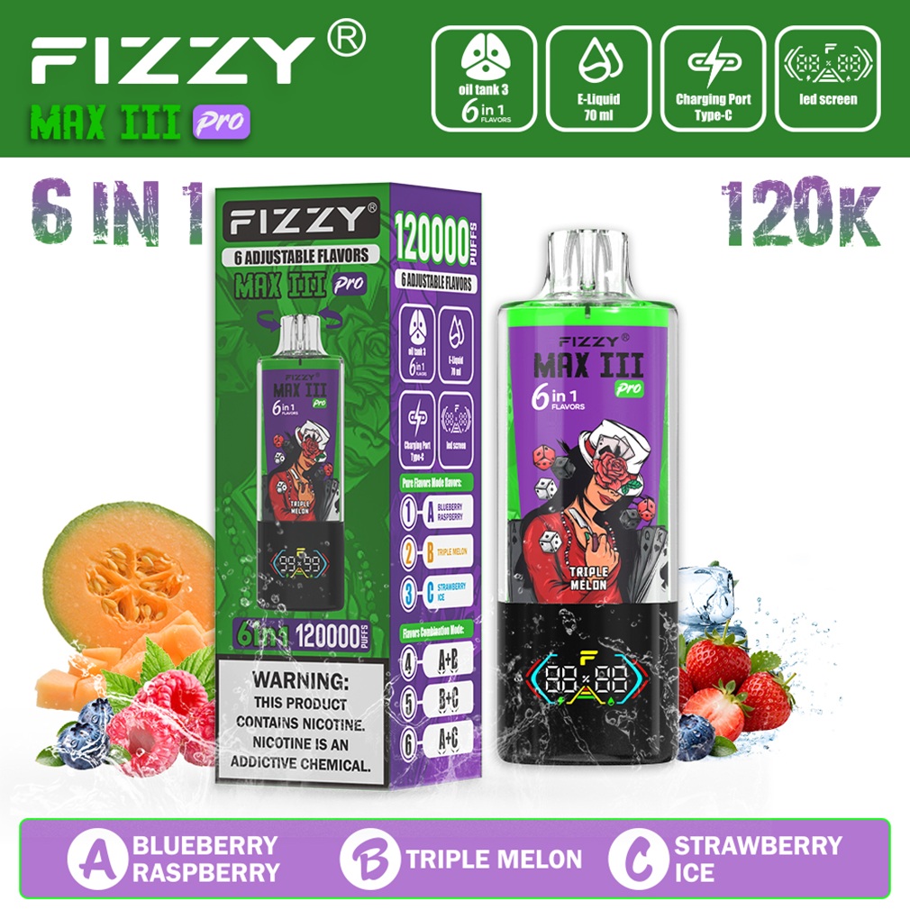 Fizzy Max Ill 120K Puffs Flavor Blueberry Raspberry & Triple Melon & Strawberry Ice