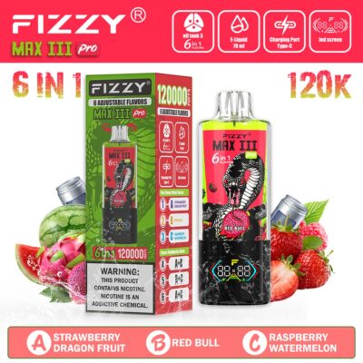 Fizzy Max Ill 120K Puffs Flavor Strawberry Dragon Fruit & Red Bull & RaspberryWatermelon