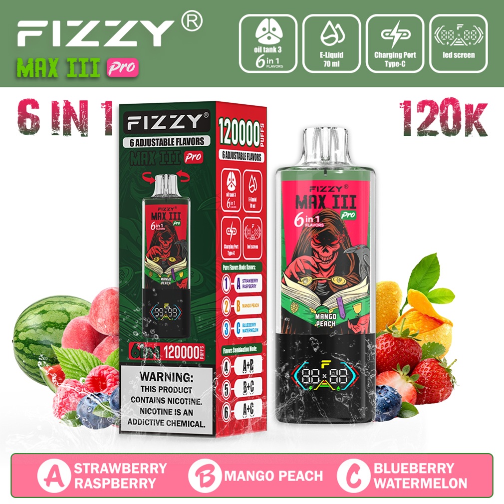 Fizzy Max Ill 120K Puffs Flavor Strawberry Raspberry & Mango Peach & BlueberryWatermelon