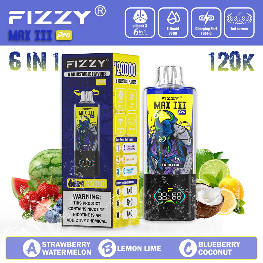 Fizzy Max Ill 120K Puffs Flavor Strawberry Watermelon & Lemon Lime & BlueberryCoconut