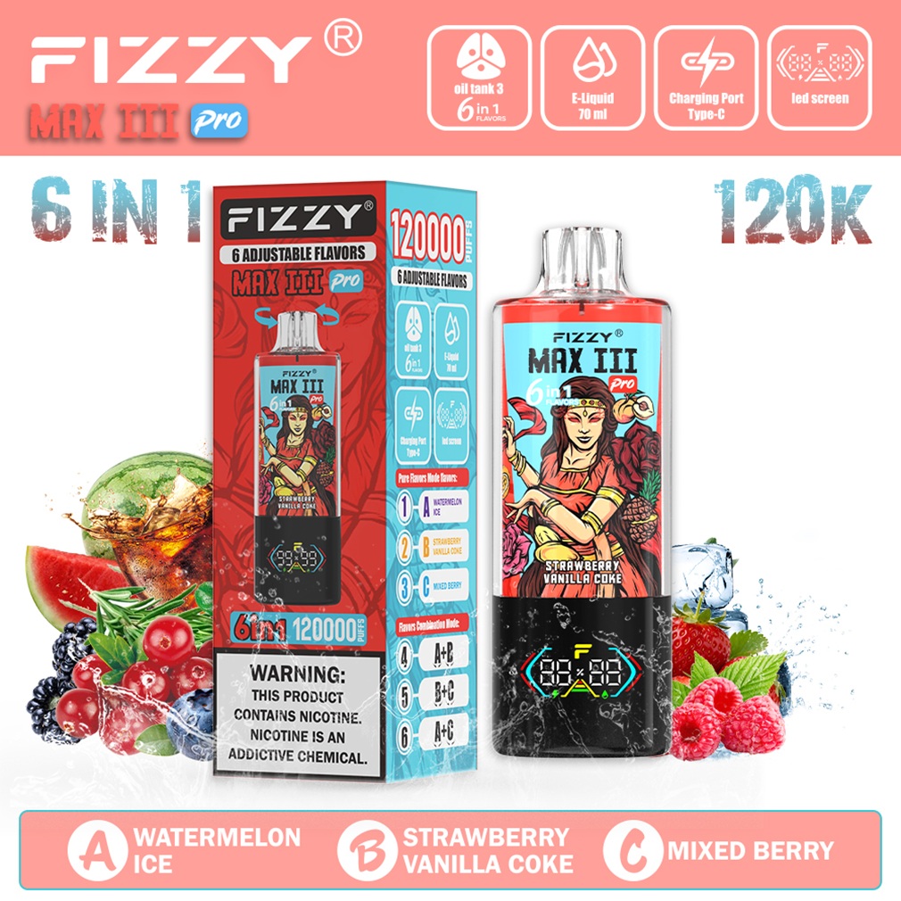 Fizzy Max Ill 120K Puffs Flavor Watermelon Ice & Strawberry Vanilla Coke & Mixed Berry