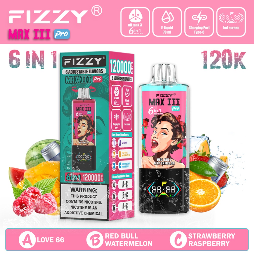 Fizzy Max Ill 120K Puffs Flavor love 66 & red bull watermelon & strawberry raspberry