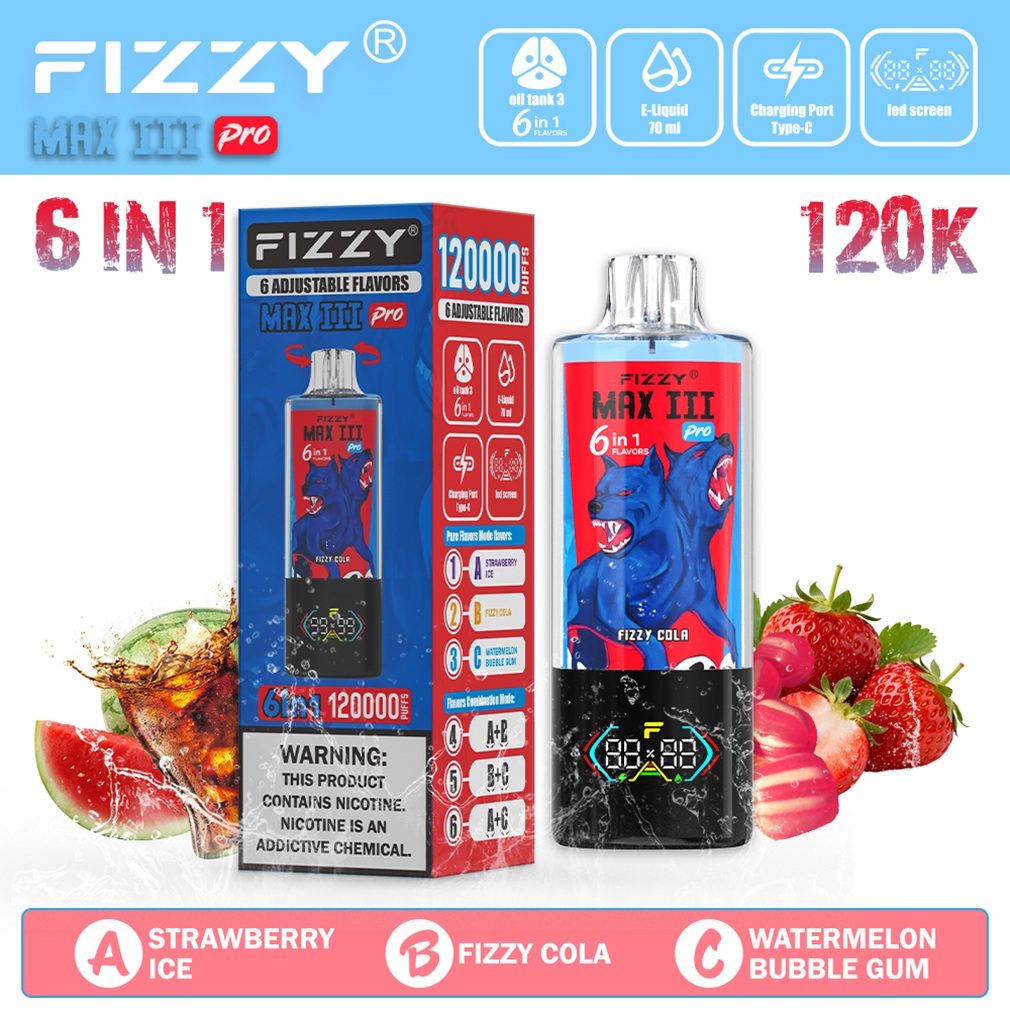 Fizzy Max Ill 120K Puffs Flavor strawberry ice & fizzy cola & watermelon bubble gum