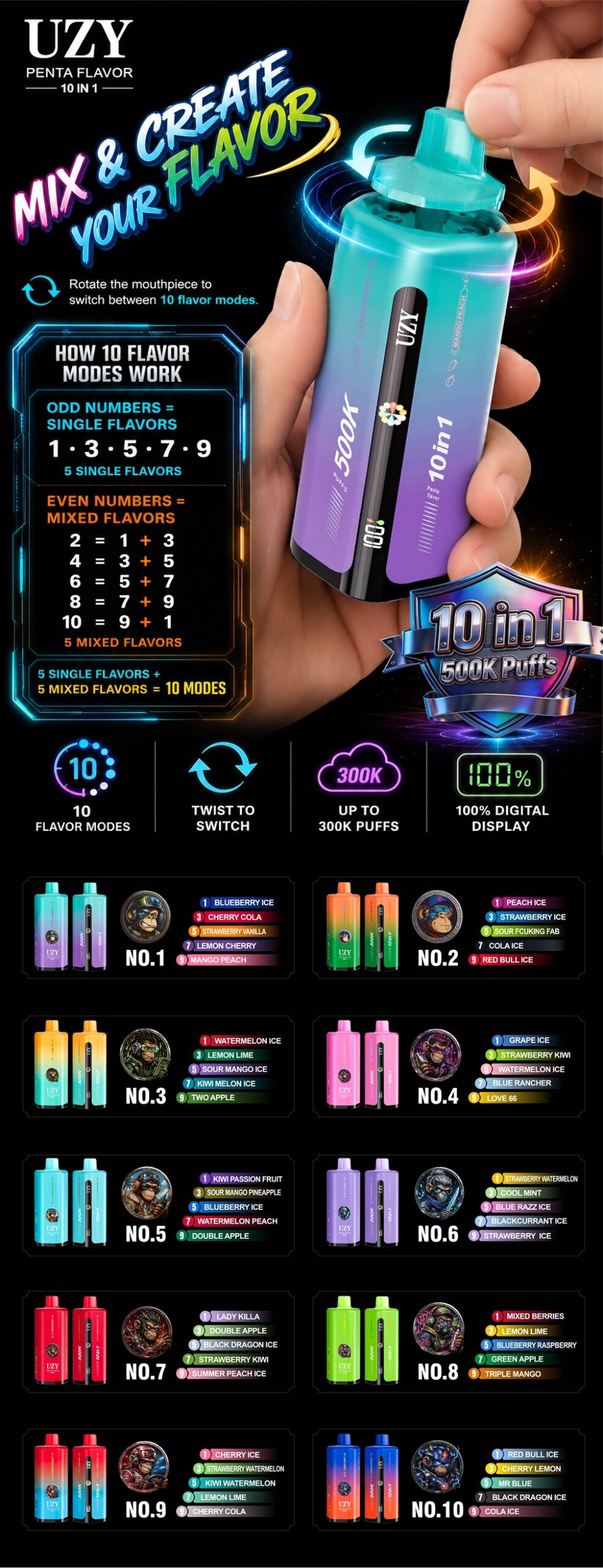 UZY Penta Flavor 10 IN 1 500K Puffs Banner
