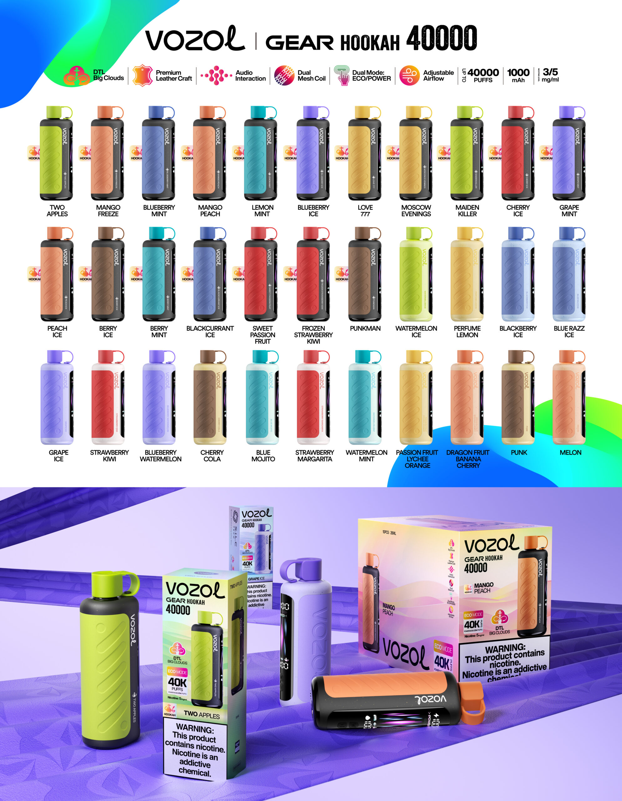 Vozol Gear Hookah 40000 Puffs Flavors
