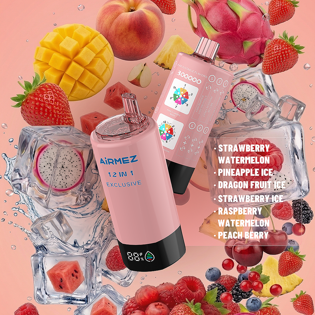 Airmez FOX 300K Puffs STRAWBERRY WATERMELON、PINEAPPLE ICE、DRAGON FRUIT ICE、STRAWBERRY ICE、RASPBERRY WATERMELON、PEACH BERRY